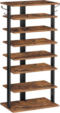HOOBRO 8 Tiers Vertical Shoe Rack, Wooden Shoe Storage Organizer with Hooks, Narrow Shoe Tower for 16 Pairs, Space Saving, for Entryway, Living Room, Bedroom, Rustic Brown BF750XJ01
