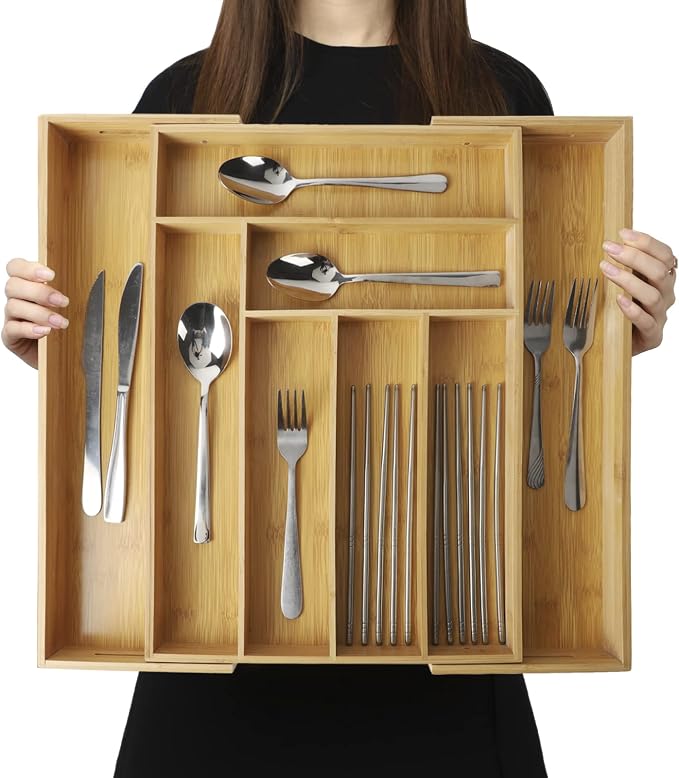 BAMOTTO CRAFTBAMBOO Expandable Bamboo Kitchen Drawer Organizer – Silverware Organizer, Utensil Holder & Cutlery Tray Drawer Dividers for Flatware (20"x16.9" Large Size, 8 Slot, Natural)