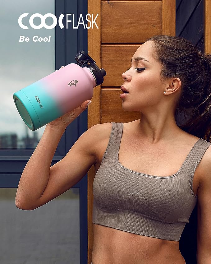 Water Bottle Insulated 64 oz with Straw & 3 Lids, Coolflask Half Gallon Water Jug Large Metal Stainless Steel Wide Mouth, Non-BPA Keep Cold 48H Hot 24H, Bubblegum Princess