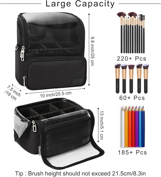 TANTO Makeup Brush Bag, Makeup Brush Holder Travel Extra Large Make up Brush Organizer Case Stand-up Makeup Cup Foldable Pro Cosmetic Artist Storage Bags with Adjustable Divide (01A-Black,X Large)