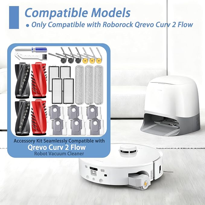 Replacement Accessories Compatible with Roborock Qrevo Curv 2 Flow Robot Vacuum Cleaner,2 Main Brush,3 Roller Mop Cloth, 4 HEPA Filter,6 Side Brush,6 Dust Bag,Accessories Parts Kit ﻿