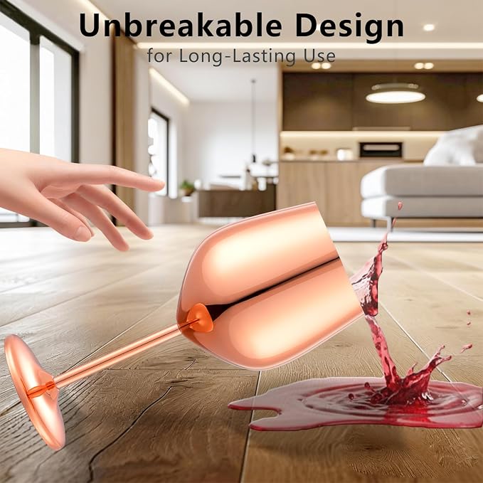 UNISWEET Unbreakable Stainless Steel Wine Glasses Set of 4, Rose Gold | 17oz Unique Fancy Metal Wine Goblets, Shatterproof, Ideal for Outdoor, Camping, Travel, Pool, Great Gift for Wine Lovers