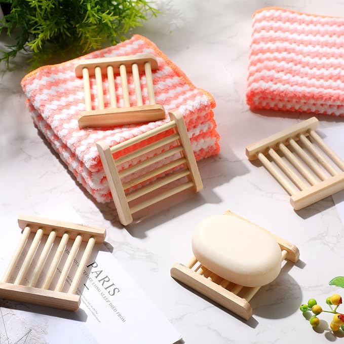Amyhill 120 Pcs Bamboo Wood Soap Dish Bulk Bathroom Wooden Soap Holder Savers Self Draining Dishes Handcraft Tray, 3.3 x 3.3 x 0.67 Inch (Wood Color)