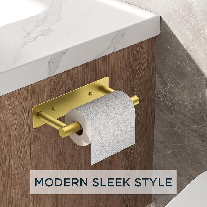 FORIOUS Toilet Paper Holder, Adhesive or Screw Wall Mount Pivoting Tissue Roll Holder, Stainless Steel Self Adhesive Toilet Paper Roll Holder no Drilling (Brushed Gold, Square)