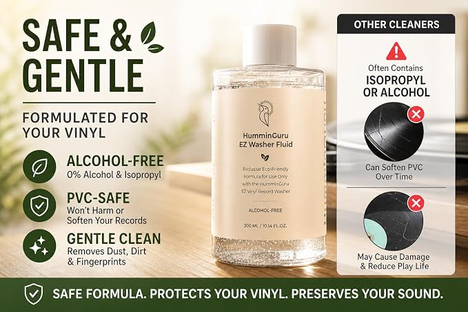 HumminGuru EZ Record Washer, Manual Vinyl Record Cleaner Machine with Easy Spin & Watertight Label Clamp, Record Cleaning Kit with Gentle Goat-Hair Brushes, Alcohol-Free LP Fluid, Drying Rack & Cloth