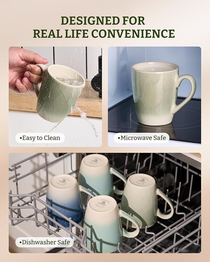 famiware Coffee Mugs Set, 13 oz Mug Set of 8, Stoneware Cups for Latte, Hot Tea, Mocha, Cocoa, Cappuccino, Microwave and Dishwasher Safe, Glacier Series, Sage Green