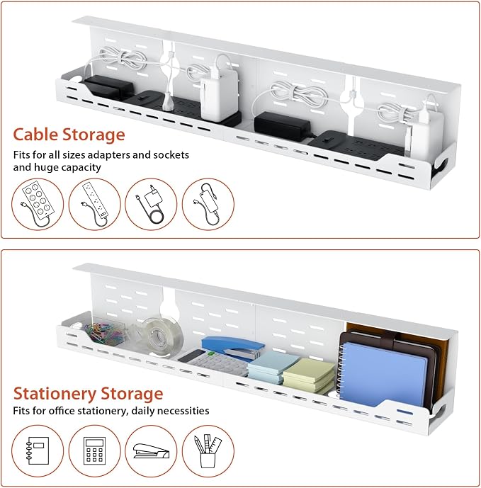 Univivi Under Desk Cable Management Tray - 32" Steel Cord Organizer, No-Drill C-Clamp & Screw Mount for Office/Home, Effortless Wire Management (White)