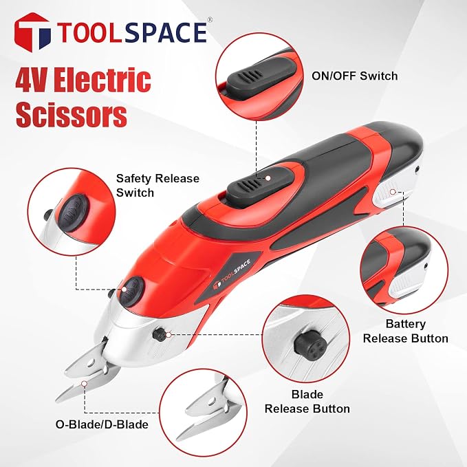 TOOLSPACE Cordless Electric Scissors With Two Blades, Cardboard Cutter for Cutting Fabric, 4V Lithium-Ion Rechargeable Battery, Easy Carry and Fast Charging