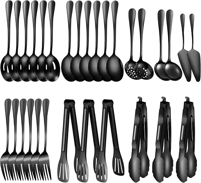 30 Piece Stainless Steel Serving Utensils Set - Buffet Serving Spoons Forks Tongs for BBQ, Parties, Catering, Weddings, Events - Black