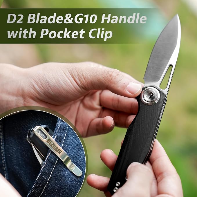Pocket Folding Knife,3.15" D2 Steel Blade,Black G10 Handle,Push Button Lever Lock,Pocket Knife with Pocket Clip for Outdoor,Survival,EDC
