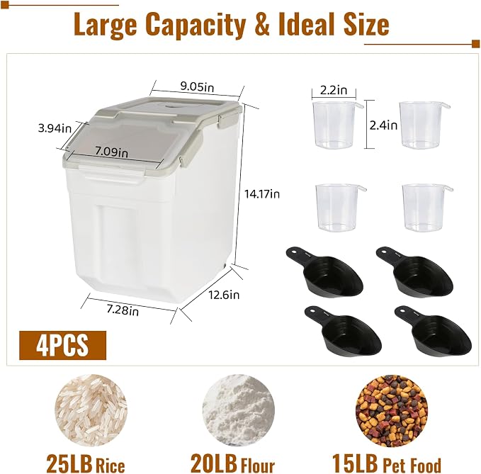 4 Pack Rice Container 25 lbs Large Bulk Flour Sugar Storage Holdhouse Plastic Grain Cereal Dry Goods Bin with Spoon and Measuring Cup for Kitchen Pantry Organization - Grey