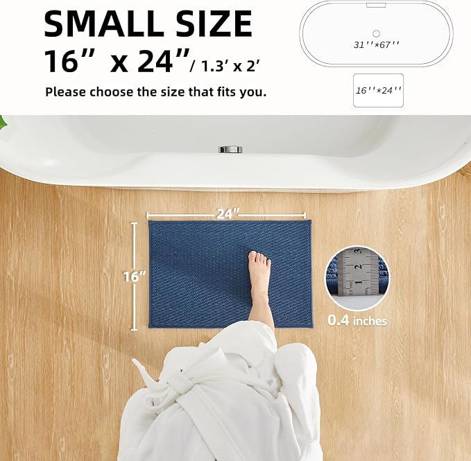 TYUU Bathroom Rugs Non Slip Washable, Super Absorbent Thin Bath Mat Small Quick Dry Low Pile Bathroom Rug, Navy Blue 16"x24"