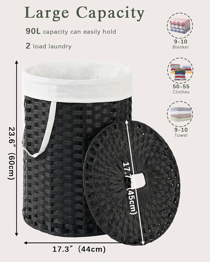 SETVSON Laundry Hamper with Lid 23.8 Gal Handwoven Laundry Basket Black | The lid hides dirty clothes, keeping spaces neat and fresh. 90 L Large Capacity, Stylish Design with Handles Easy Transport