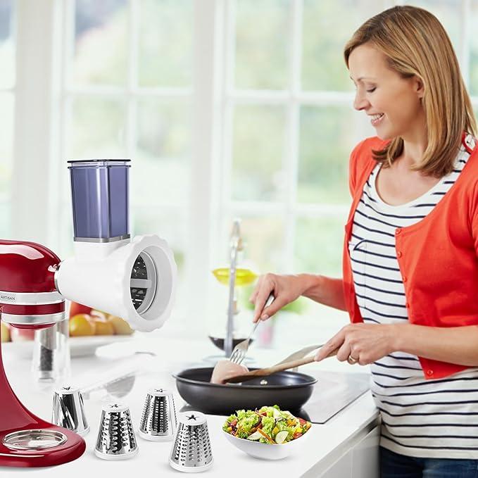Upgraded Version - Cheese Grater Slicer Shredder Attachments for All KitchenAid Stand Mixers, Food Slicers Salad Maker Accessory Vegetable Chopper with 4 Blades Dishwasher Safe