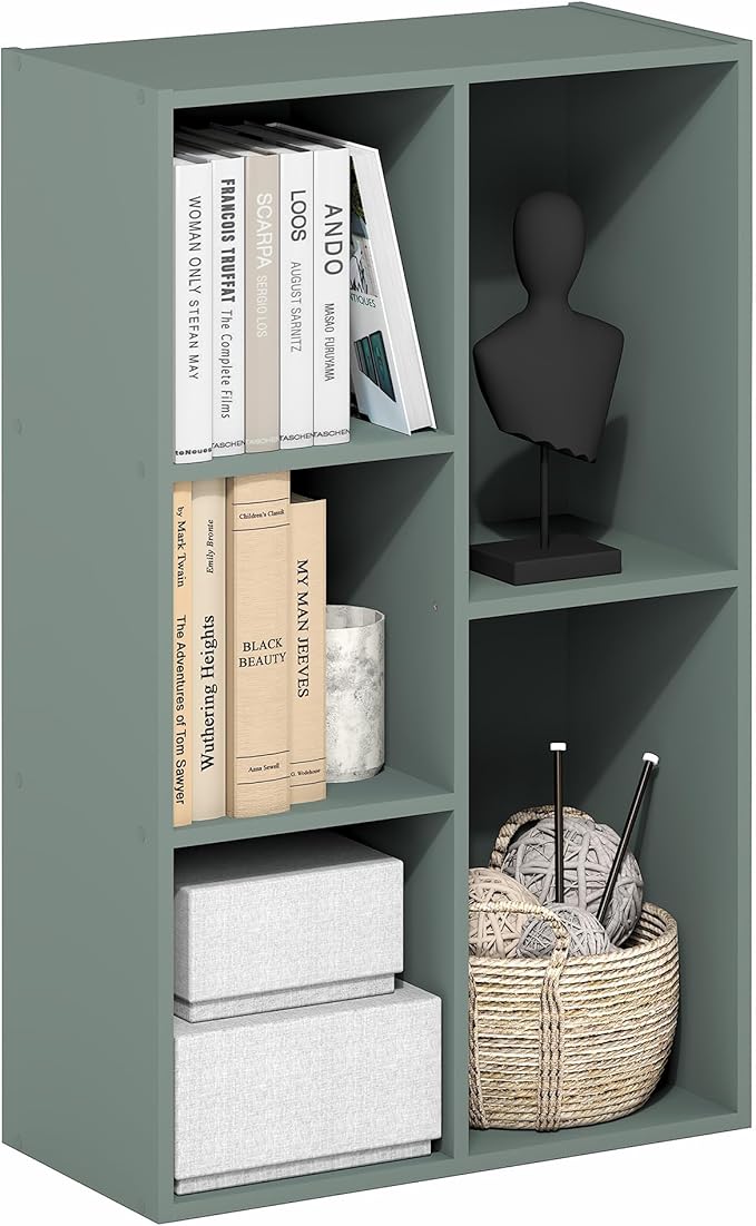 Furinno LUDER Book Shelf, 5-Cube Bookshelf, Reversible Bookcase, 9.4 x 19.5 x 31.5, Easy Assembly, for Living Room, Bedroom, Home Office, Sage Green