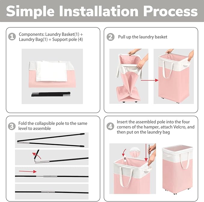 Goodpick Laundry Basket with Wheels, 75L Tall Clothes Hamper, Large Laundry Basket with Removable Wash Bag for Corner Dorm, Rolling Hamper, Pink&White
