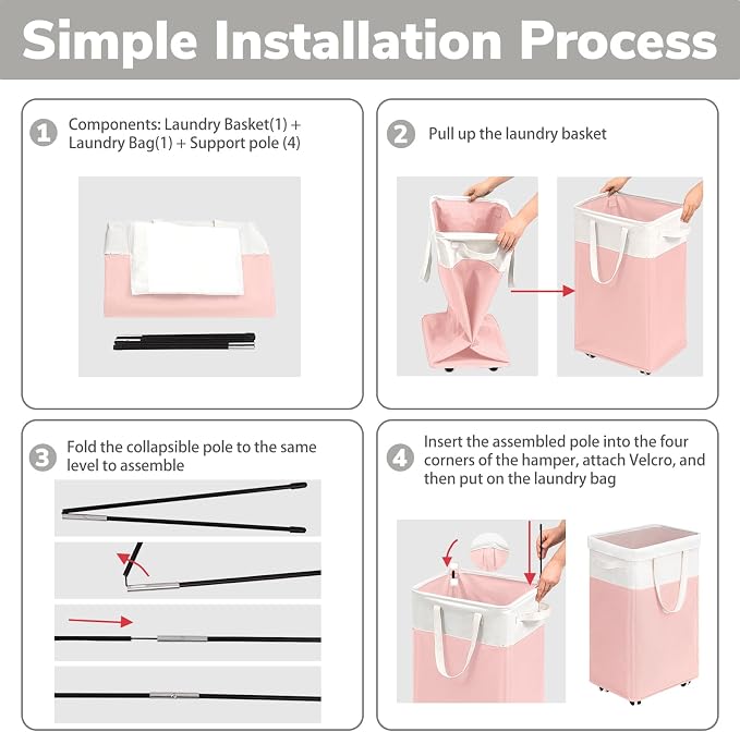 Goodpick Laundry Basket with Wheels 2-Pack, 75L Tall Clothes Hamper, Large Laundry Basket with Removable Wash Bag for Corner Dorm, Rolling Hamper, Pink&White