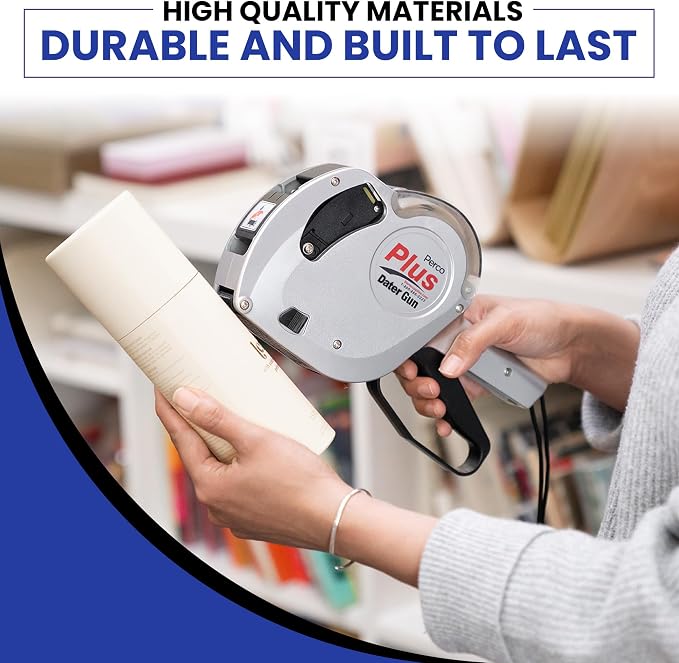 Perco Plus 1-Line Date Marking Gun with Labels Kit - Compares to Monarch 1131-01 Band Includes 1-Line 8-Character Band Date Labeler Gun, 9,000 Blank White Labels, a Label Scraper, and an Extra Inker