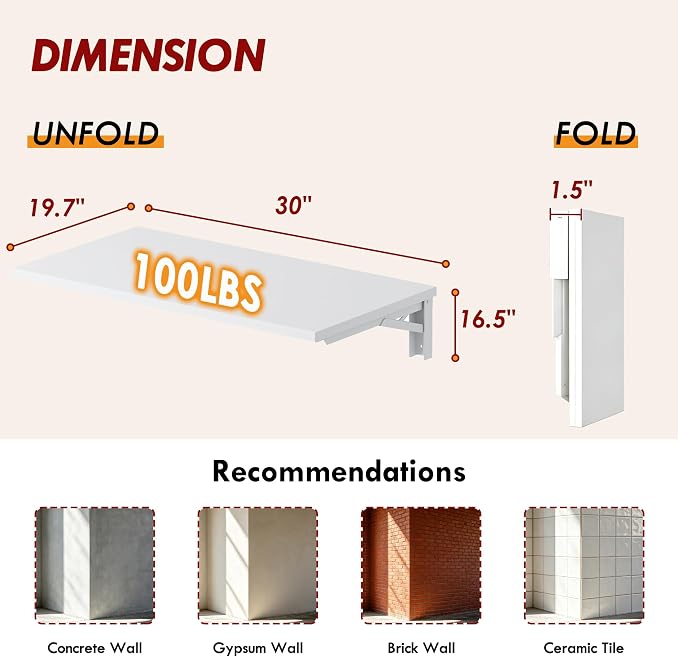 Need Wall Mounted Folding Table for Office Laundry | 30x20 IN Fold Down Wall Mount Desk Folding Wall Table for Small Apartments, Garage&Ironing Station, White&White Frame
