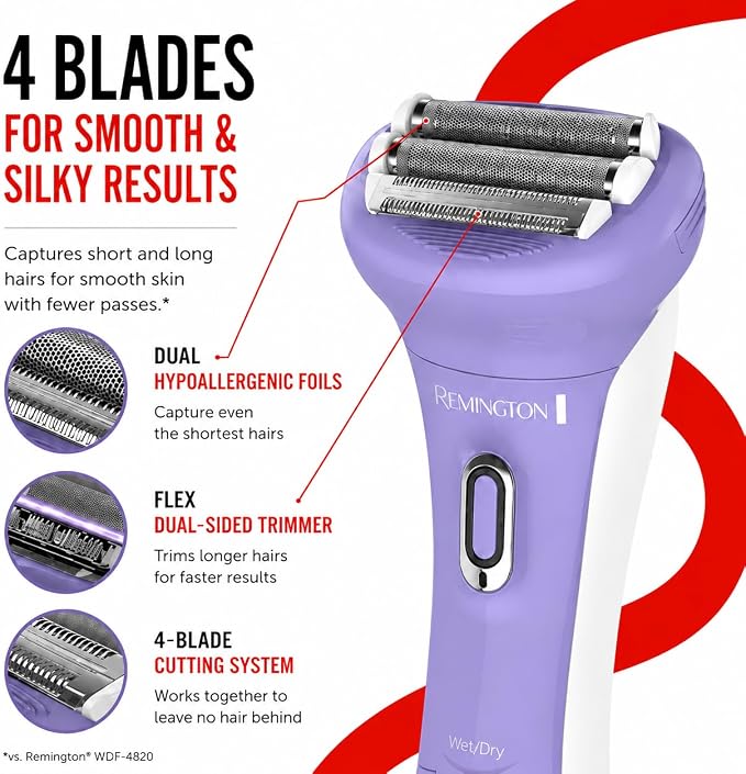 Remington Smooth & Silky Electric Shaver for Women, 4-Blade Smooth Glide Foil Shaver and Bikini Trimmer with Almond Oil Strip, Shave Wet or Dry
