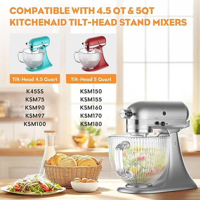 Cofun Glass Mixer Bowl for Kitchenaid Tilt-Head Stand Mixers 4.5-5 Quart | 5 Qt Mixing Bowl Replacement for KitchenAid with Measurement Markings, Handle