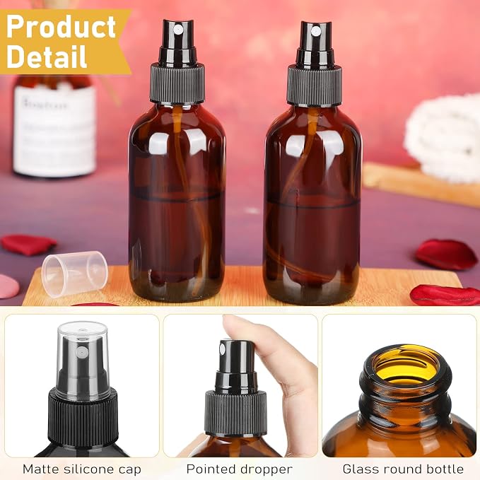 Nuogo 50 Pieces Mini Glass Spray Bottles Bulk 4 Oz Fine Mist Glass Bottles with Funnel Dropper and Cleaning Brush Refillable for Essential Oils, Perfumes and Aromatherapy(Brown)