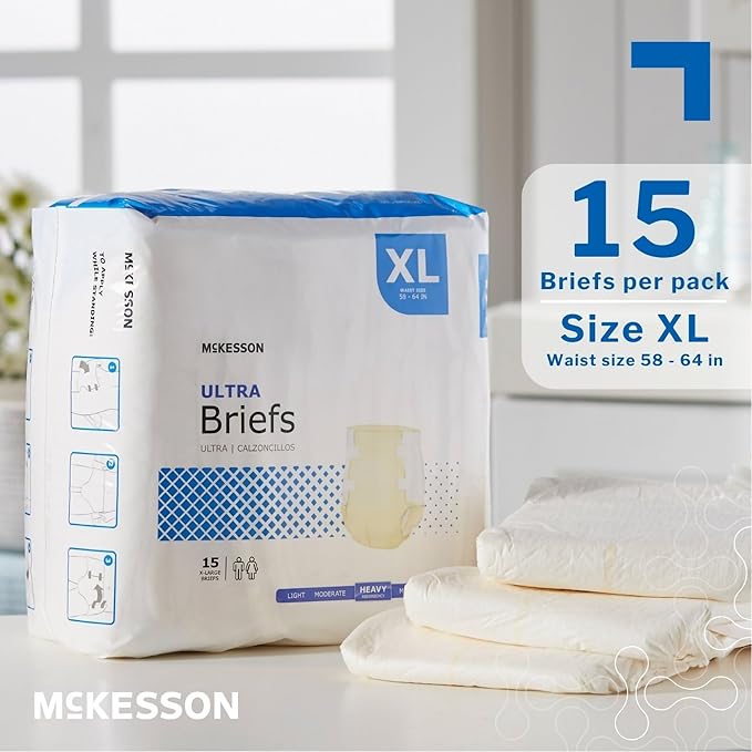 McKesson Ultra Briefs, [60 Count], XL, 58-64 in. Incontinence Adult Diapers with Tabs, Heavy Absorbency, Unisex, Disposable, Elastic Leg Gathers and Contoured Fit for Men and Women