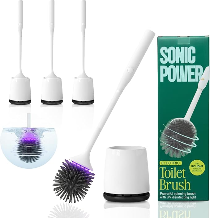 SonicPower Electric Toilet Brush & Scrubber – Self Cleaning Silicone Toilet Bowl Brush with UVC Light, Rechargeable Wireless Spinning Toilet Brush & Holder Set, Wall Mount or Floor Standing (3 Pack)