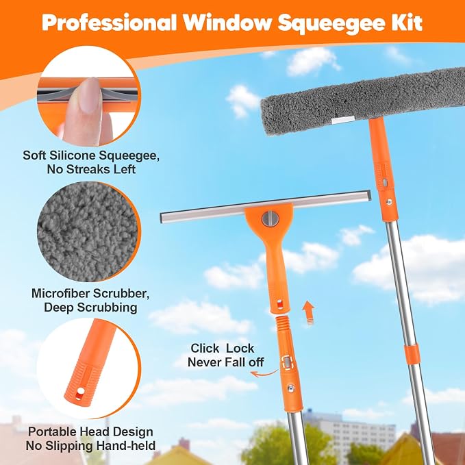 Window Cleaning Kit with Bucket 3 Gallon & 76" Squeegee Scrubber | Professional Window Washing Equipment with Long Handle, Compelete Window Cleaner Tools for Home Outdoor Commercial Car