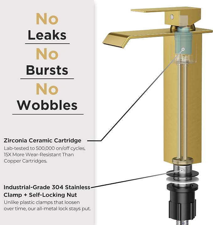 FORIOUS Vessel Bathroom Sink Faucets 1 Hole Brushed Gold, Tall Waterfall Bathroom Faucet Single Handle with Pop Up Drain and Supply Lines for Bowel Sink, Deck Mount