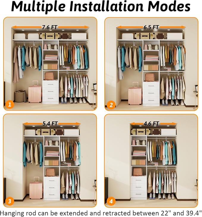 96 inch Closet System with Wooden Drawers, 5FT-8FT Closet Organizer System with Shelving Tower, Walkin Closet System with Expandable Hanging Rods & Movable Shelves, Wall Mount, 91.3”*14.8”*81”,White