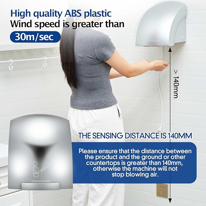 Rossesay 2 Pcs Electric Hand Dryer Commercial Compact Air Wiper Automatic Hand Air Dryer for Dry Machine Wall Business Home Household Restroom Office Mall, 110v,1200W (Silver)
