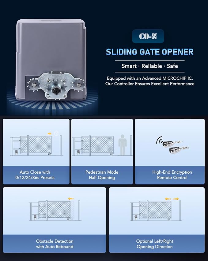 CO-Z Automatic Sliding Gate Opener 1400 lb 40 ft Gates 110V Chain Drive | Easy Installation, Includes Hardware, 20 ft #41 Chain, 2 Remotes, Infrared Sensor Compatible (Sold Separately)