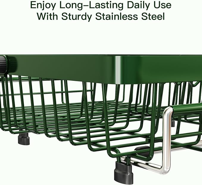 Green Dish Drying Rack Over The Sink with Utensil Holder | Expandable Stainless Steel Dish Drainer for Small Kitchen, Apartment, RV, Counter Space Saving, Perfect Fit, Rustproof