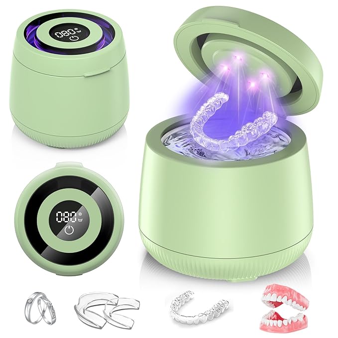 Ultrasonic Retainer Cleaner Machine, Dynamic 42-48kHz Dental Cleaning Pod with Digital Timer, 200ml Mouth Guard Cleaner Pod for Aligners, Night Guards, Dental Trays, Braces & Toothbrushes (Sage Green)