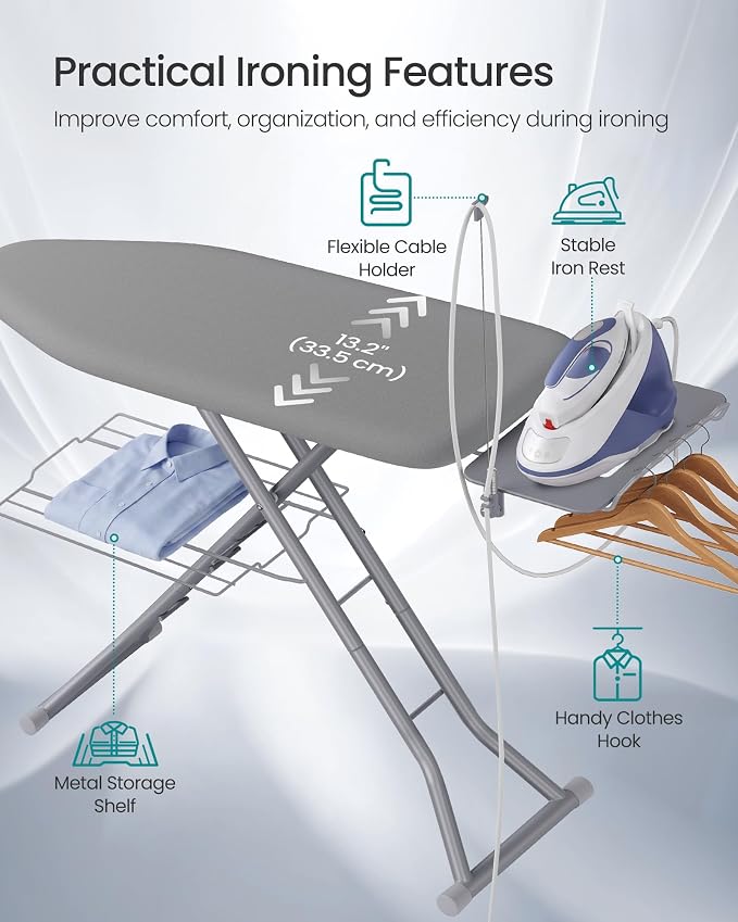 SONGMICS Folding Ironing Board, 13x43, 7-Level Adjustable Height Iron Board with Iron Rest, Cord Holder, Storage Rack, Steel, for Laundry Room, Gray, Borix Collection ULLB008GD01S