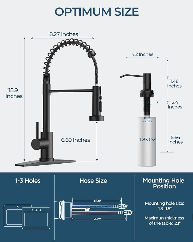 FORIOUS Black Kitchen Faucet with Soap Dispenser, Stainless Steel Kitchen Sink Faucet with Pull Down Sprayer Single Handle Modern Spring Commercial for Laundry Utility Room RV Camp Bar Farmhouse