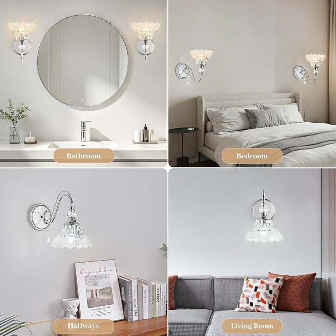 1 Piece Brushed Chrome Finish Wall Sconce, 1-Light Modern Wall Sconce with Hanging Crystal Accents and Flower-Shaped Clear Shades for Bathroom Bedroom Living Room,Modern Vanity Light
