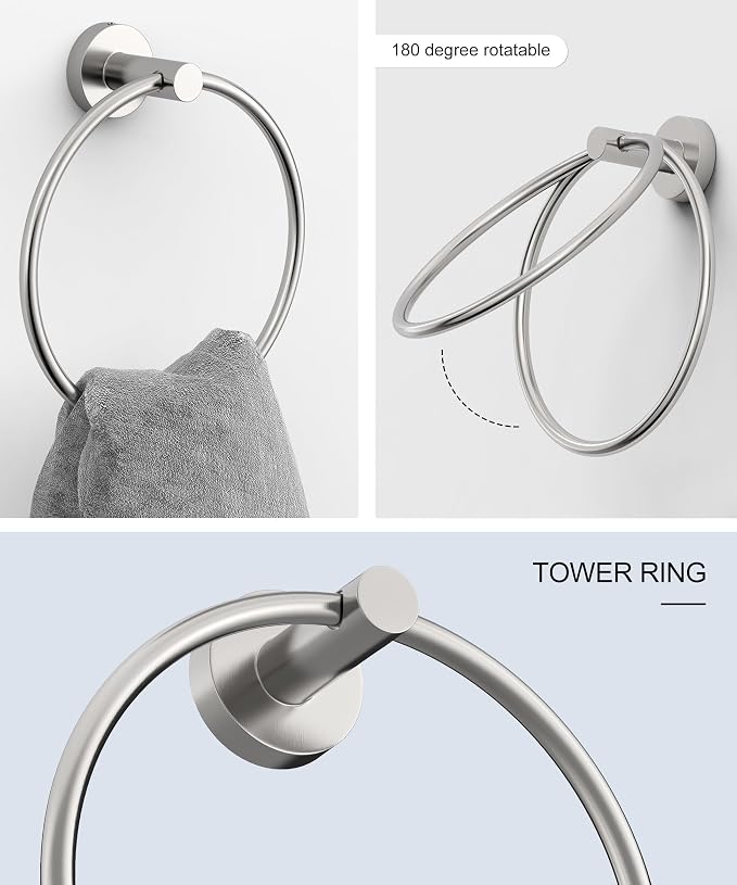 6 Pcs Brushed Nickel Bathroom Accessories Hardware Set SUS304 Stainless Steel Hand Towel Bar Toilet Paper Holder Towel Ring Robe Towel Hooks Wall Mounted by HOMEMYSTIQUE