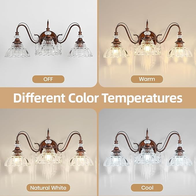 Vintage Bathroom Vanity Light, 3-Light Matte Antique Red Bronze Finish Wall Sconce with Hanging Crystal Accent and Flower-Shaped Clear Glass Shades, Retro Wall Mount Vanity Light Over Mirror