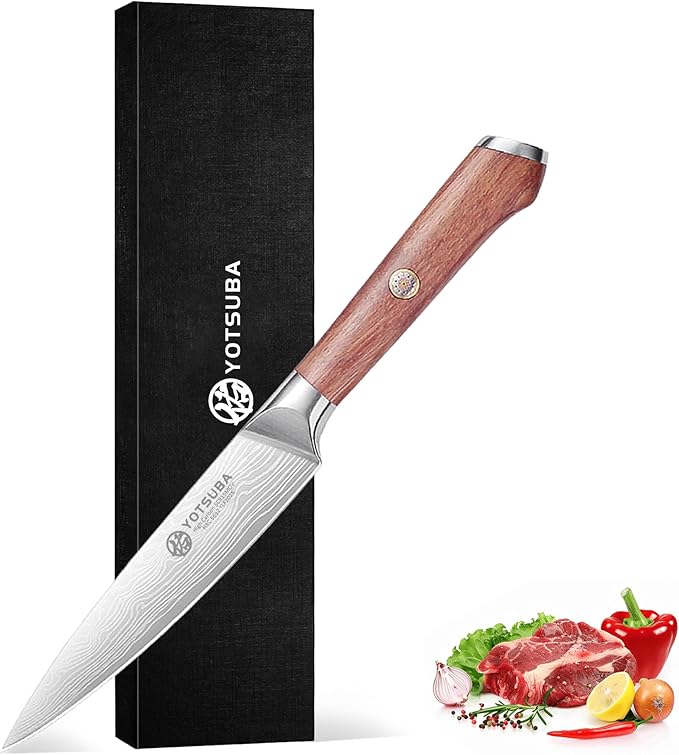 YOTSUBA 5 Inch Kitchen Utility Knife, Japanese Petty Knife – Ergonomic Rosewood Handle, Full Tang, Razor Sharp High Carbon German Steel Paring Knives, Premium Gift