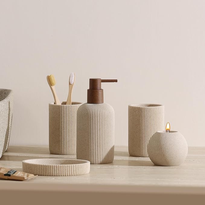 Bathroom Accessories Set, 5 PCS Modern Bath Organizer, Beige | Sandstone Look, Stripe,13.53 OZ Soap Dispenser,Toothbrush Holder,Tumbler,Soap Dish,Candle Holder for Countertop Kitchen Sink