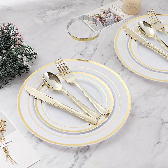 BESTVIP 450PCS Gold Dinnerware Set for 75 Guests, Plastic Plates for Party, 75 Gold Disposable Plates, 75 Dessert Plates, 75 Cups, 75 Spoons, 75 Forks and 75 Knives