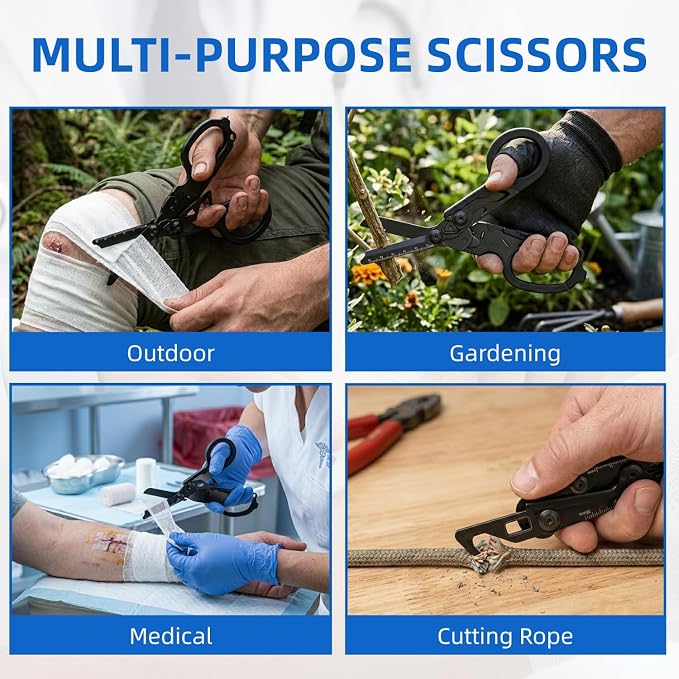Heavy Duty 6 in 1 Multifunctional Trauma Shears Foldable | Stainless Steel Emergency Response Scissors | Survival Shears With Holster | Medical Trauma Shears Tactical With Strap Cutter | Matte Black
