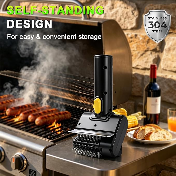BBQ Electric Grill Brush for Outdoor Grill with 2 Stainless Steel Heads, 1100 RPM Electric Grill Cleaner Brush with Dual Safety Lock, Splash-Proof Grill Cleaning Brushes Scrubber, Rechargeable