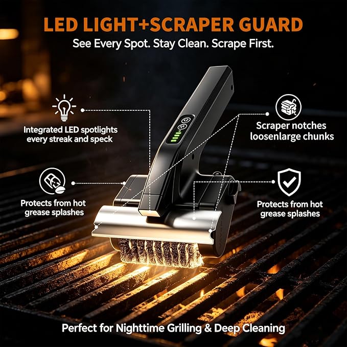 Electric Grill Brush Cleaner, High Torque BBQ Bristle-Free Cleaner – Rechargeable Cordless with LED Light, Splash Guard & Scraper, Heavy Duty Grill Cleaner Tool for Outdoor Grill, Gift for Men Dad