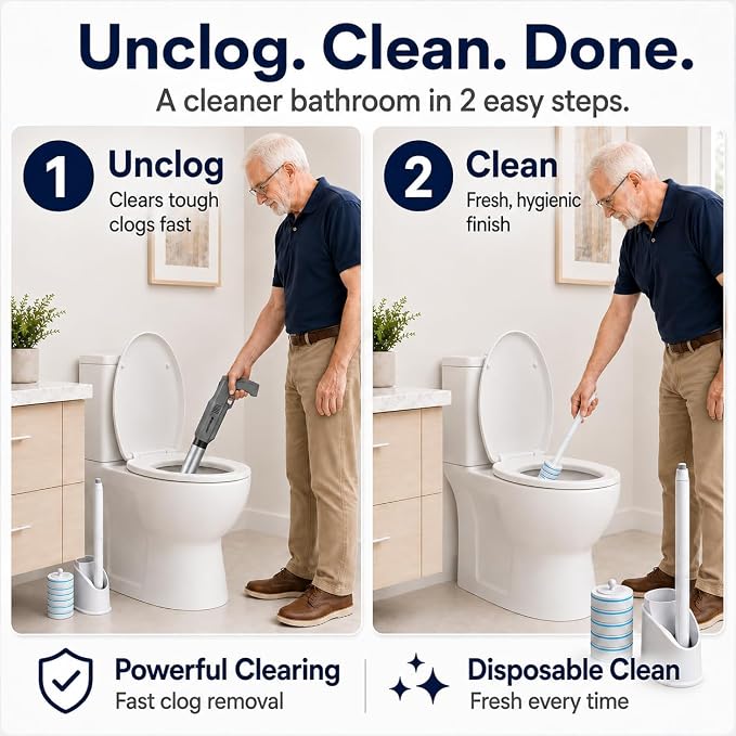 Electric Toilet Plunger and Disposable Brush Bundle, Heavy Duty High Pressure Air Unclogger Tool, 360° Toilet Wand Cleaning System with Caddy & 6 Refills