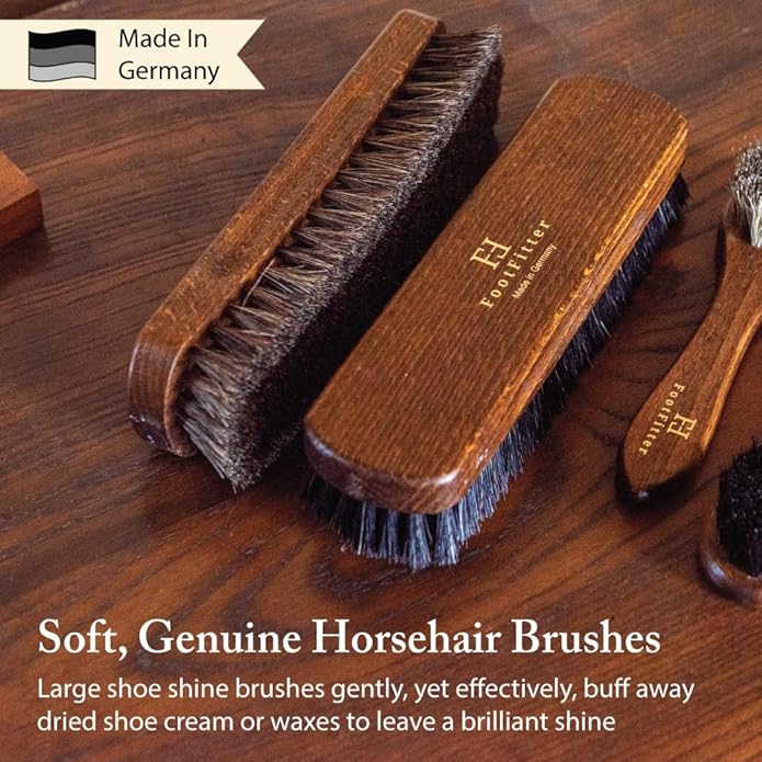 FootFitter Premium Shoe Care Brush Set, Horsehair Shine Brushes & Tools for Polishing Leather & Suede Shoes (Made in Germany)