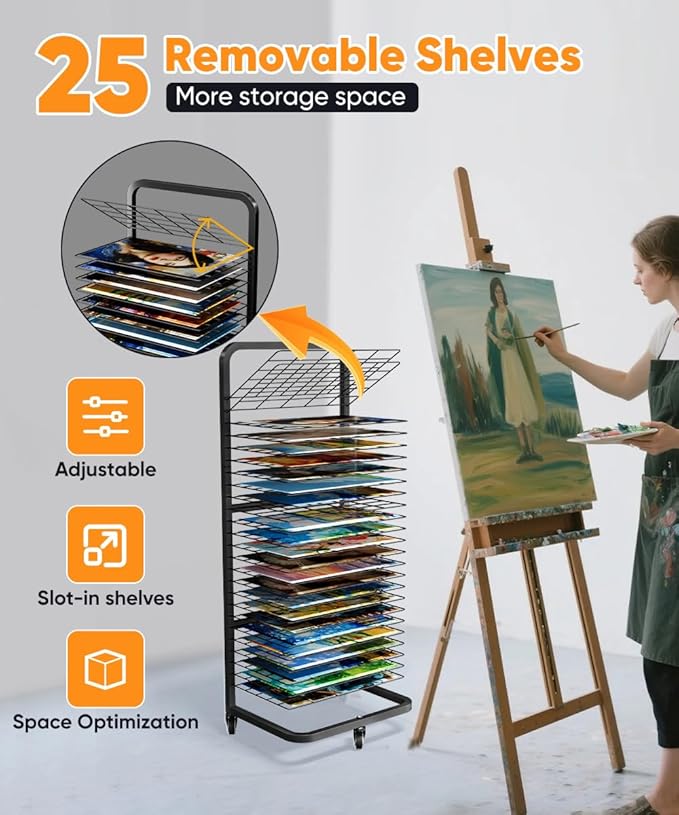 Art Drying Rack with 25 Removable Shelves, Mobile Metal Paint Drying Stand with Lockable Wheels, Functional Canvas Rack Art Storage for Artwork in Classrooms, Art Studios and Schools, Black