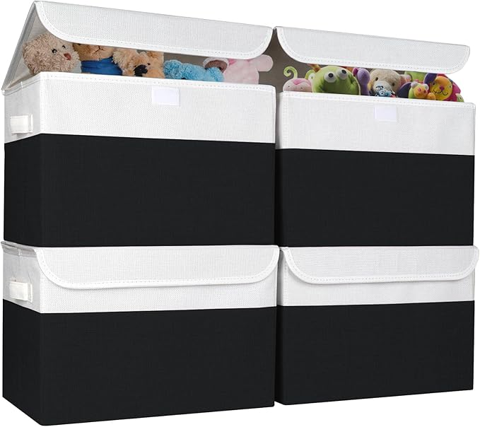 Bagnizer Large 22 Quart Linen Fabric Foldable Storage Bin Cube Organizer Basket with Flip-Top Lid & Handles, Clothes Blanket Box for Home, Office, Closet, Black & White, 4 Pack 14.6 x 9.5 x 9.5